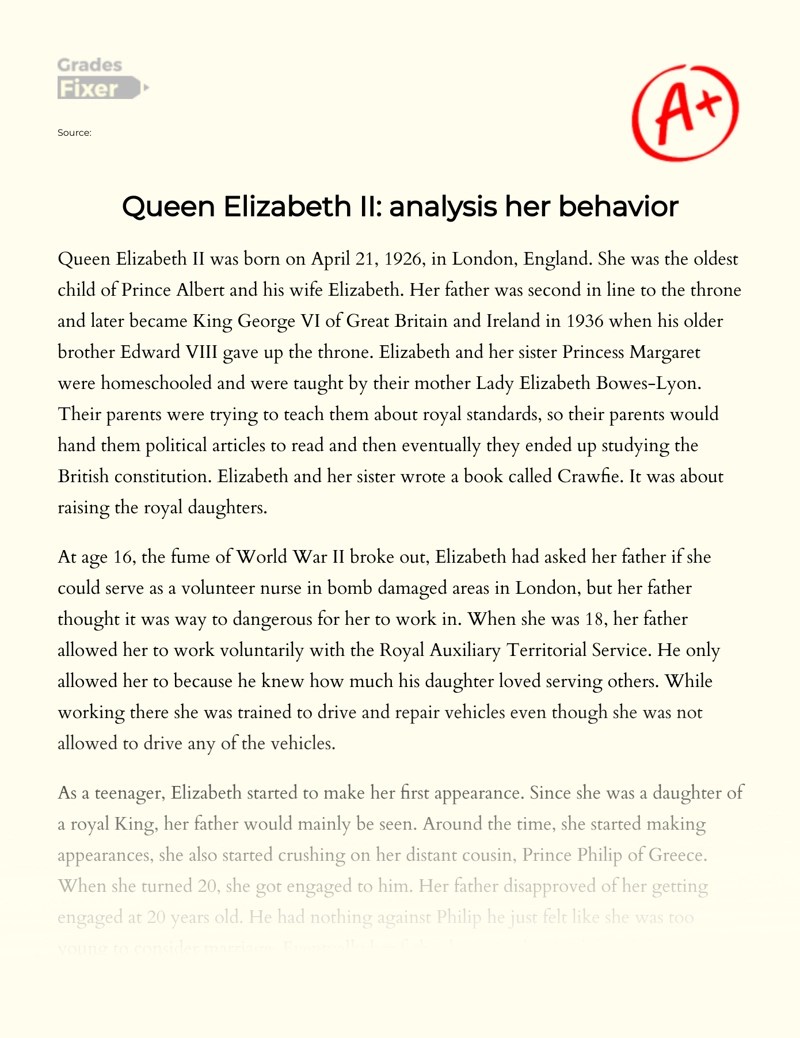 Queen Elizabeth II Analysis of Her Behavior [Essay Example], 1611