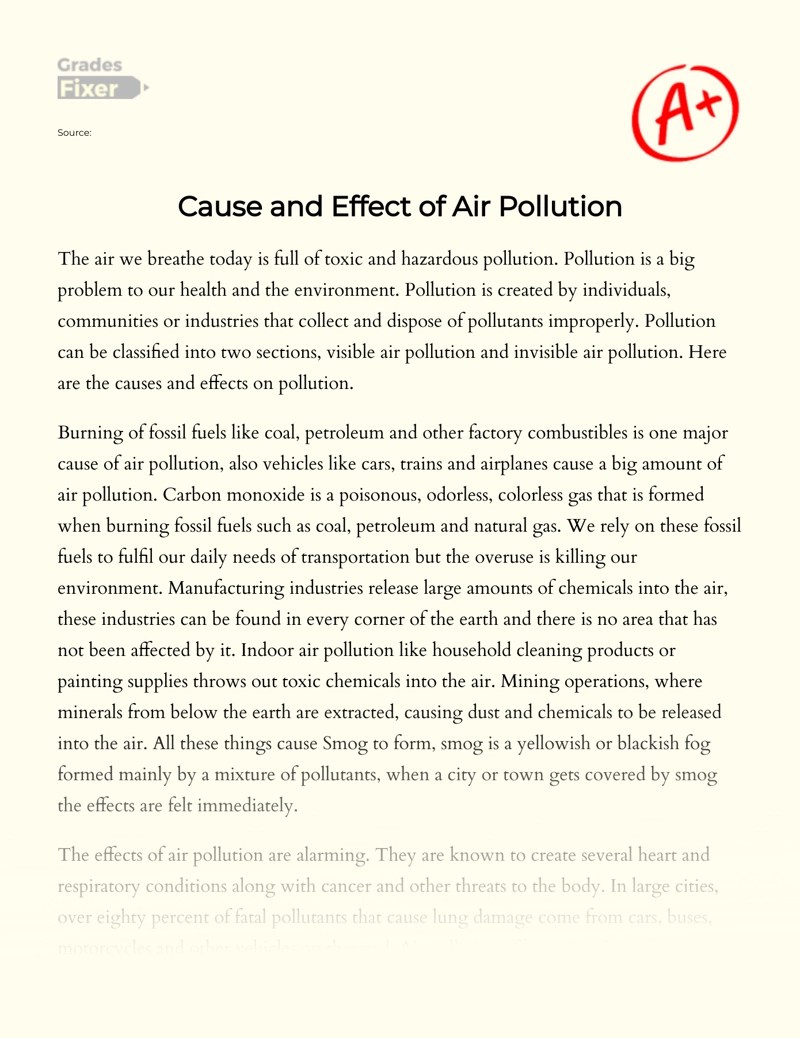 Air Pollution Causes and Effects [Essay Example], 723 words GradesFixer