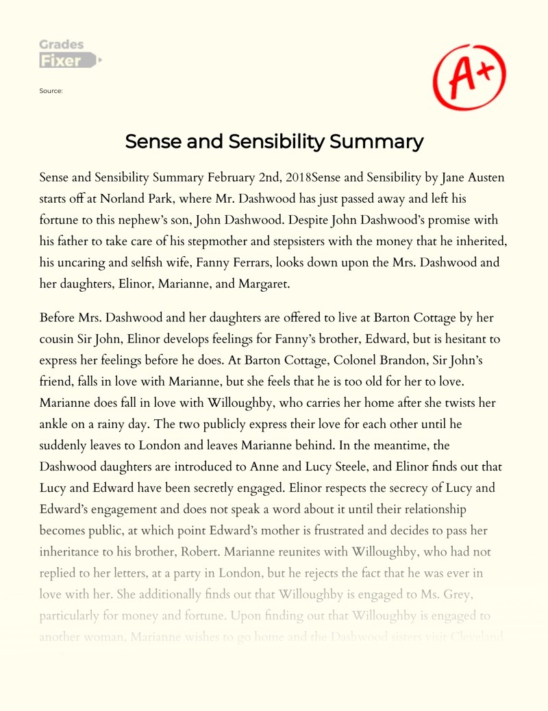 Sense and Sensibility Summary: [Essay Example], 490 words