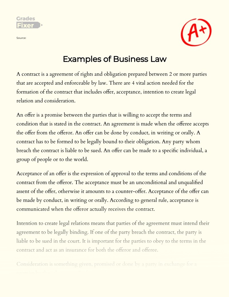 Examples of Business Law [Essay Example], 605 words GradesFixer