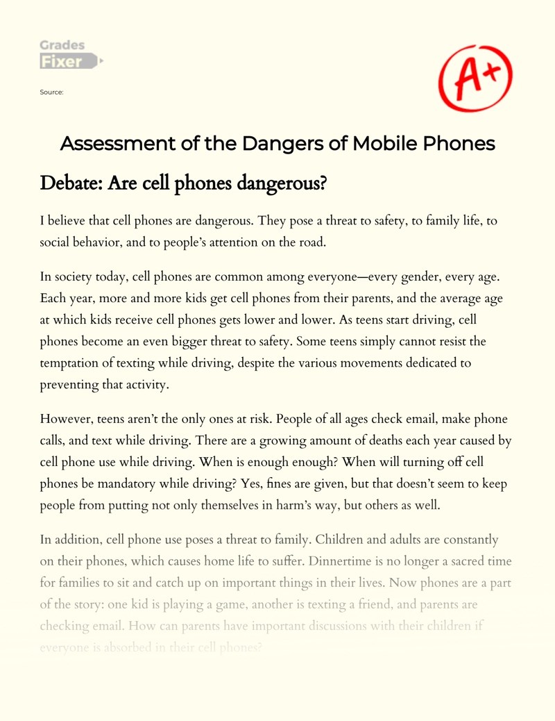 Assessment of the Dangers of Mobile Phones [Essay Example], 509 words GradesFixer