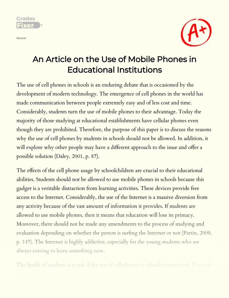 An Article on the Use of Mobile Phones in Educational Institutions