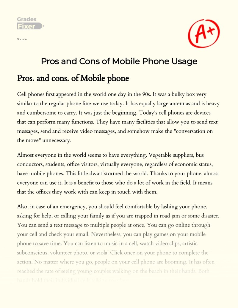 Pros and Cons of Mobile Phone Usage [Essay Example], 421 words GradesFixer