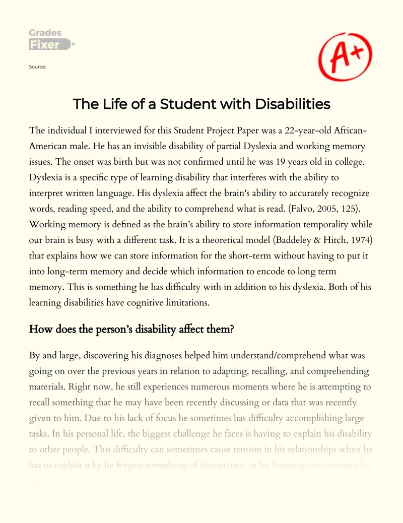 The Life of a Student with Disabilities [Essay Example], 999 words GradesFixer