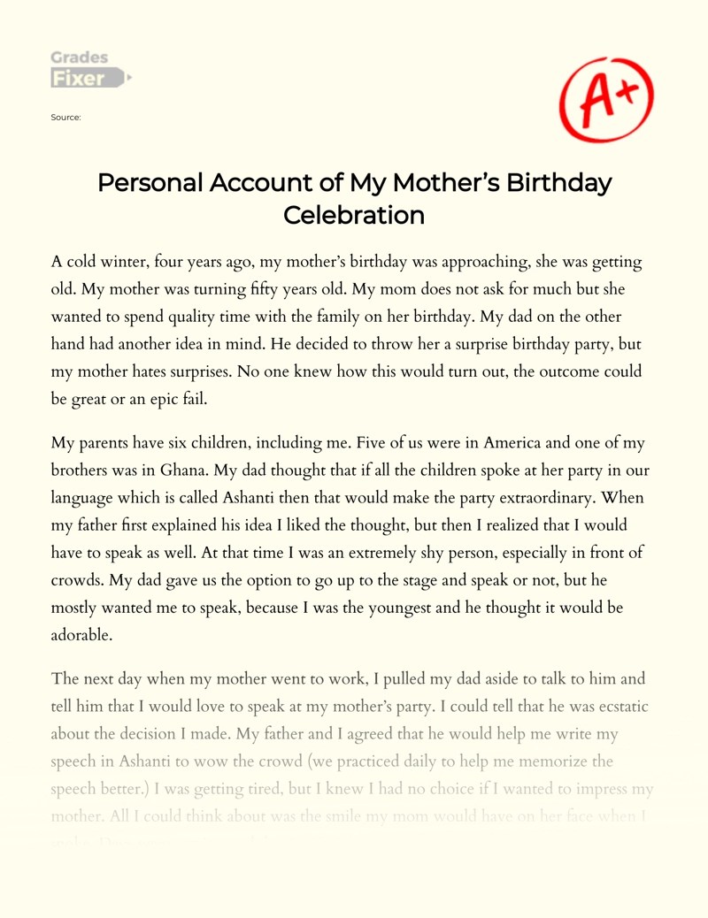 Personal Account of My Mother’s Birthday Celebration [Essay Example