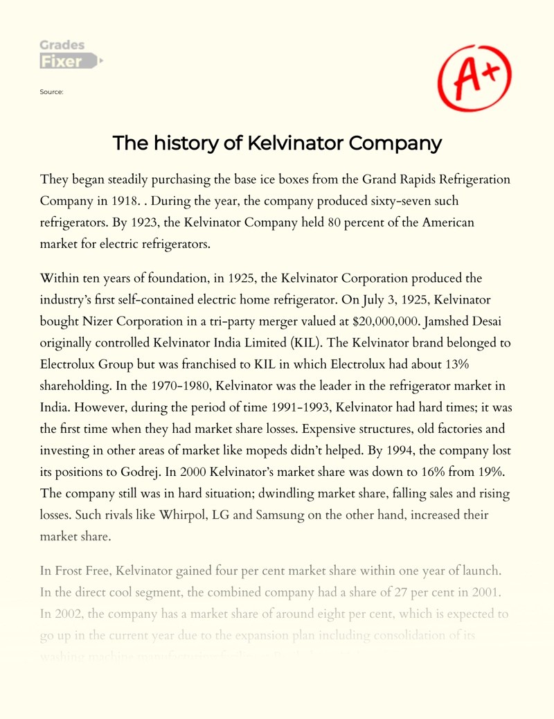 The history of Kelvinator Company [Essay Example], 422 words GradesFixer