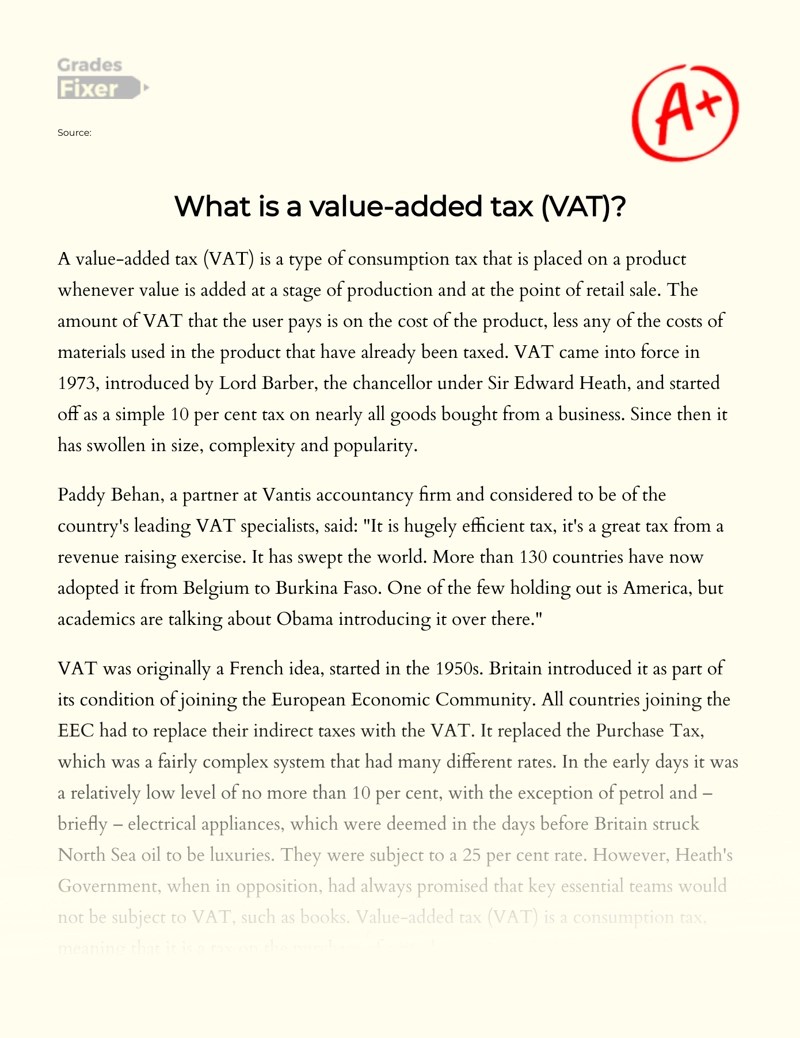 Definition and Description of Valueadded Tax (VAT) [Essay Example