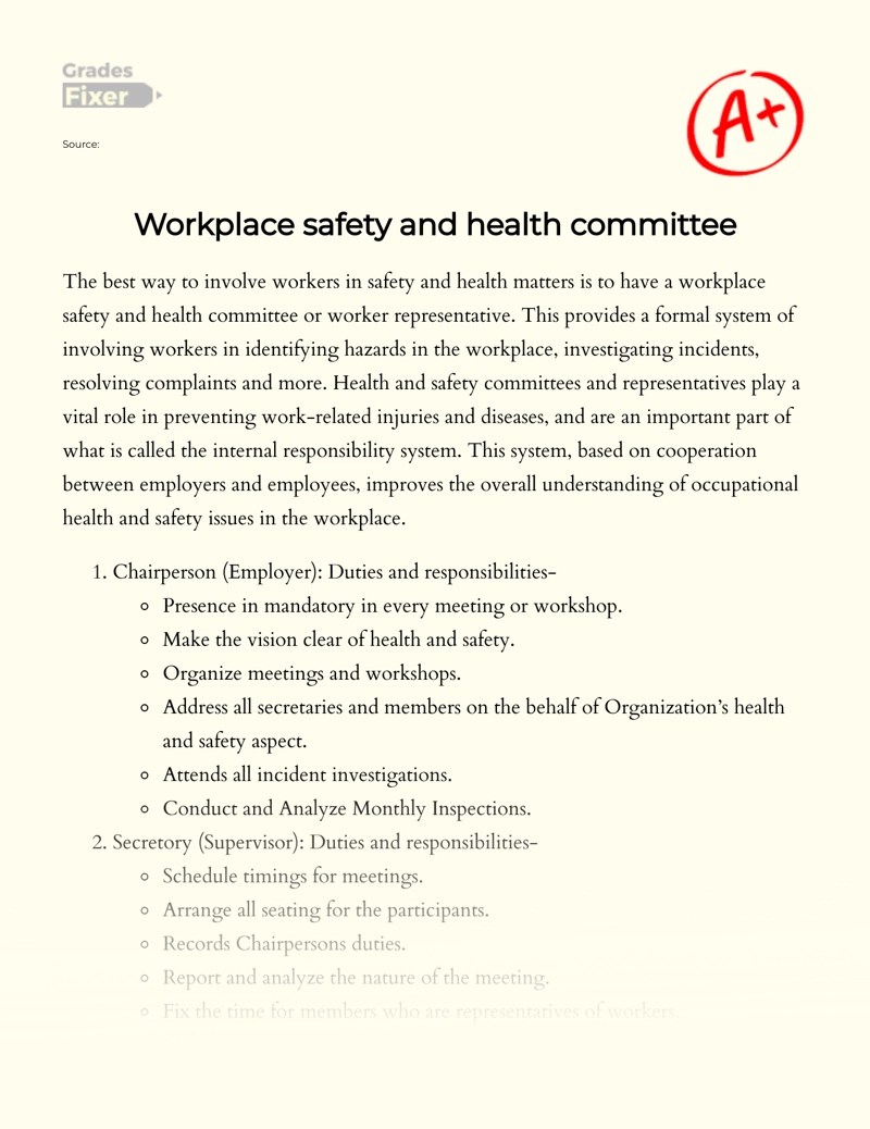 Workplace safety and health committee [Essay Example], 675 words
