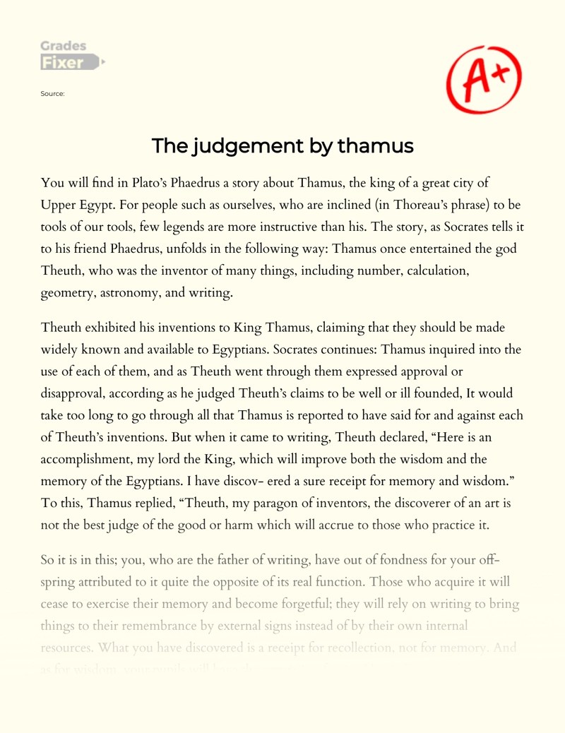 The judgement by thamus [Essay Example], 512 words GradesFixer