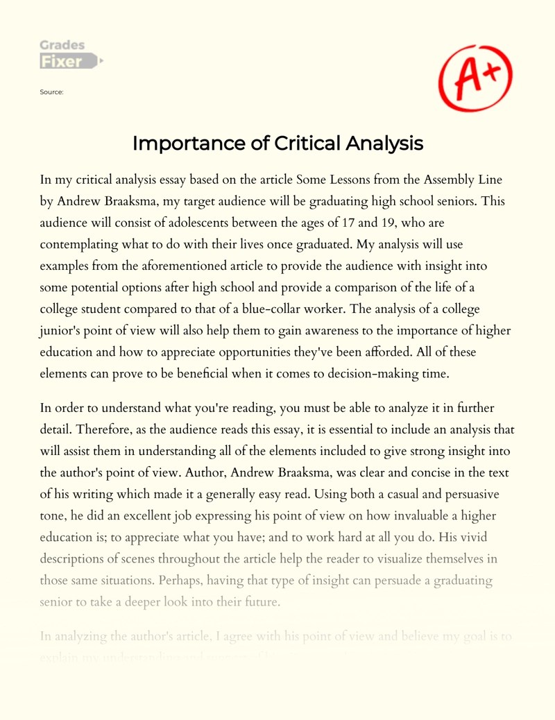 Why is Critical Analysis important? [Essay Example], 455 words GradesFixer