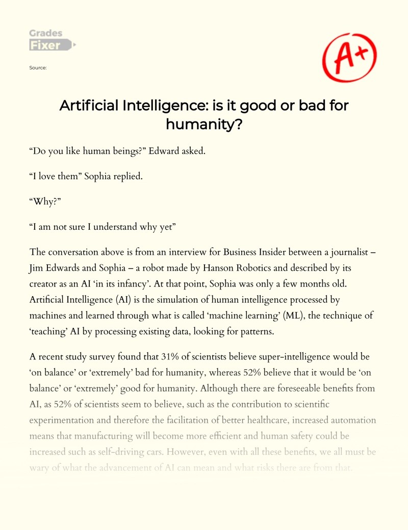 Artificial Intelligence Good And Bad Effects For Humanity [Essay