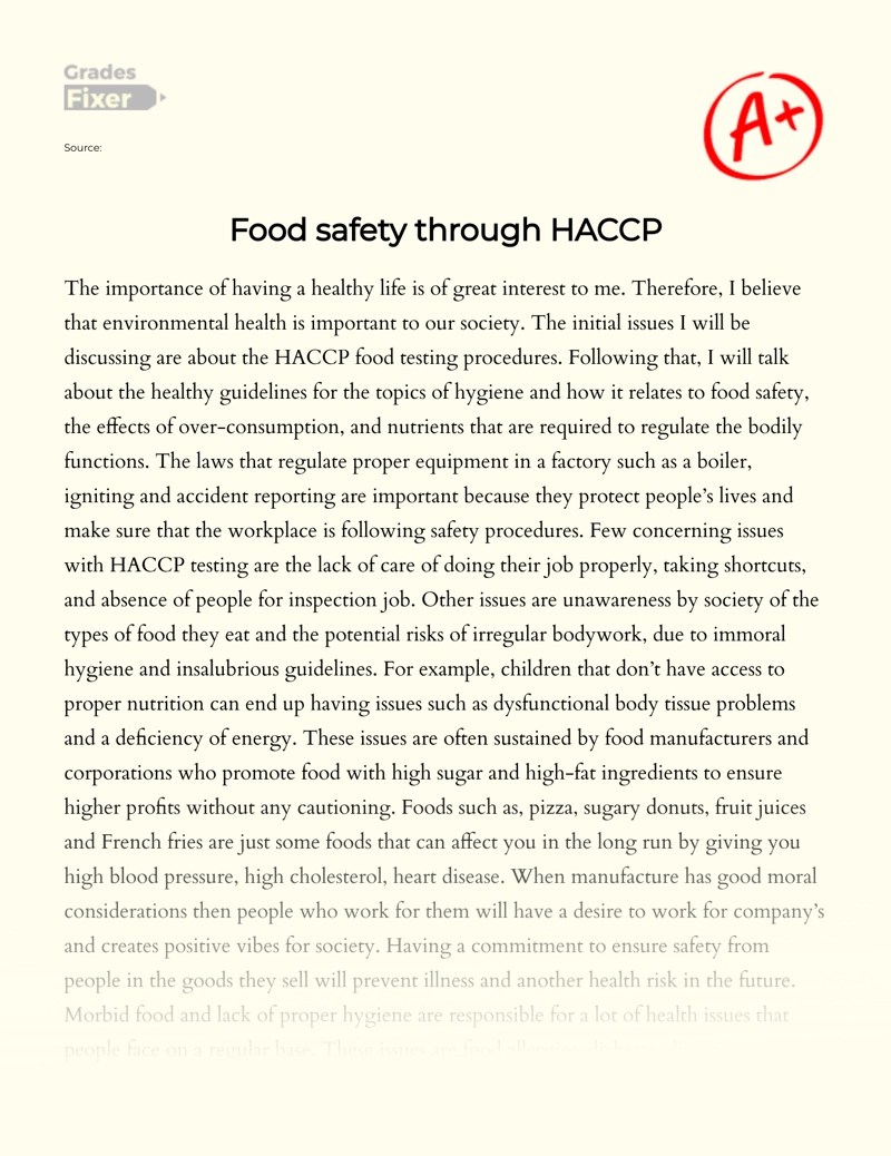 Food Safety Through Haccp [Essay Example], 1627 words GradesFixer