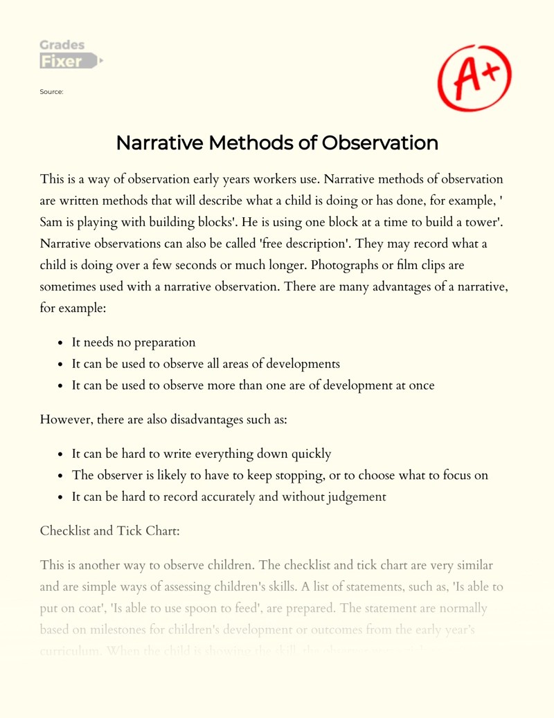 Narrative Methods of Observation [Essay Example], 433 words GradesFixer