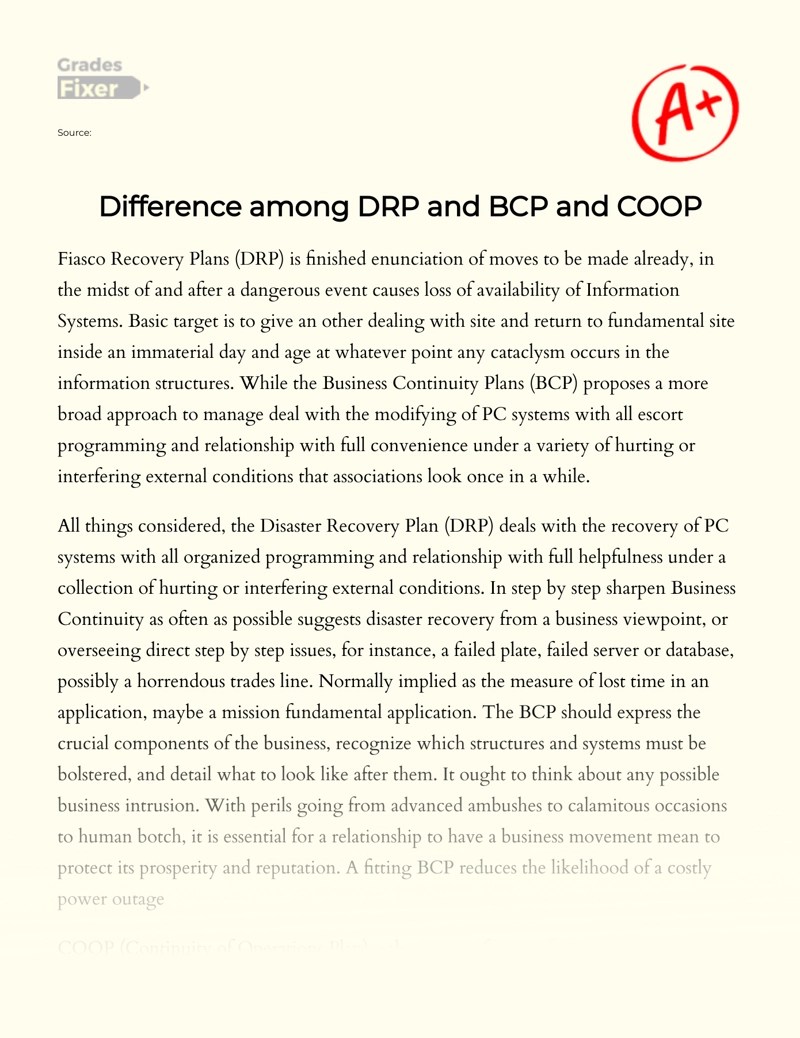 Difference among DRP and BCP and COOP [Essay Example], 666 words GradesFixer