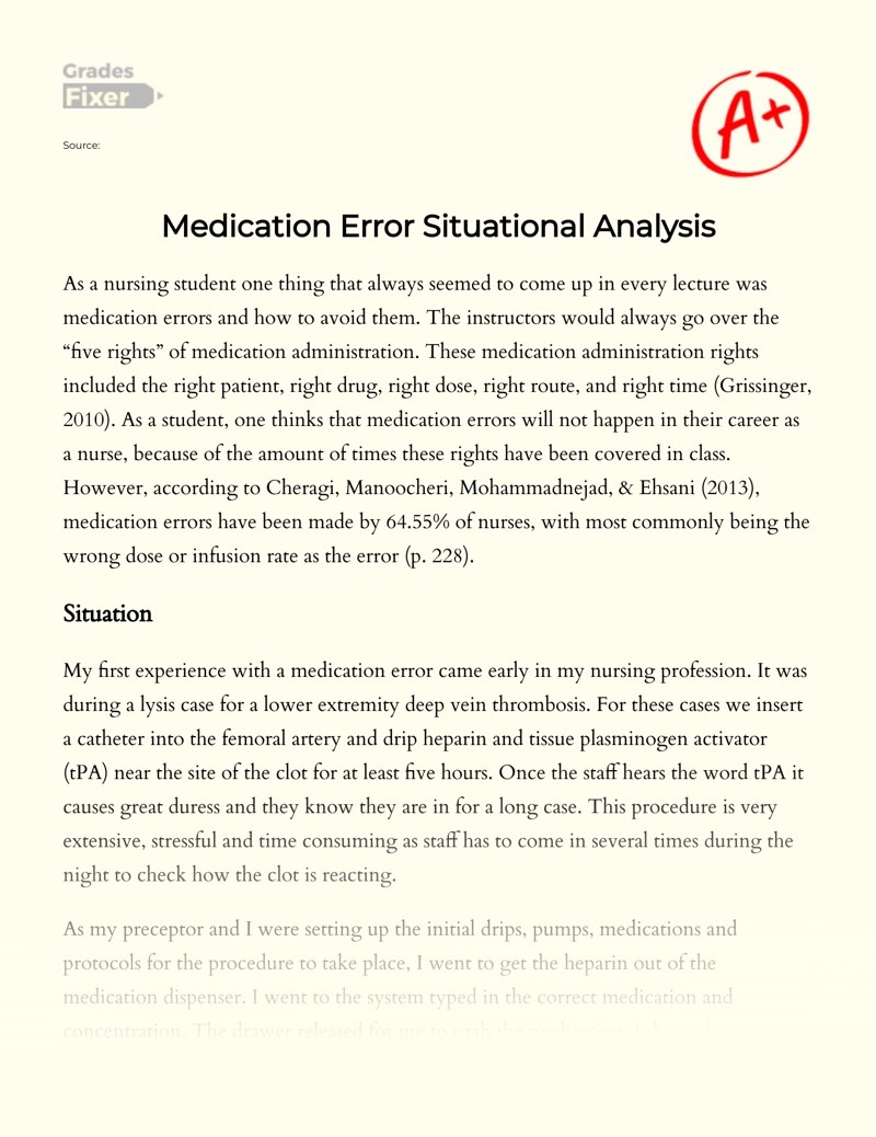Medication Error Situational Analysis [Essay Example], 1325 words