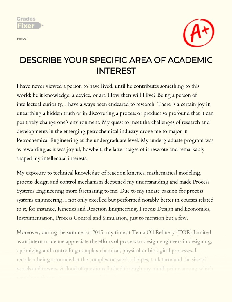My Specific Area of Academic Interest [Essay Example], 407 words
