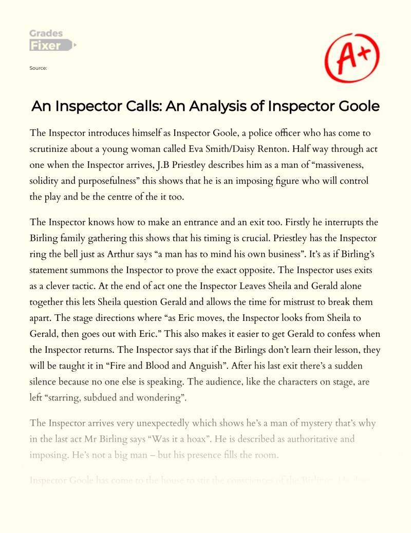 An Inspector Calls An Analysis of Inspector Goole [Essay Example