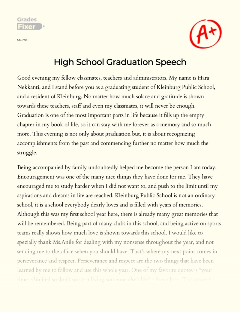 My High School Graduation Speech [Essay Example], 1363 words GradesFixer