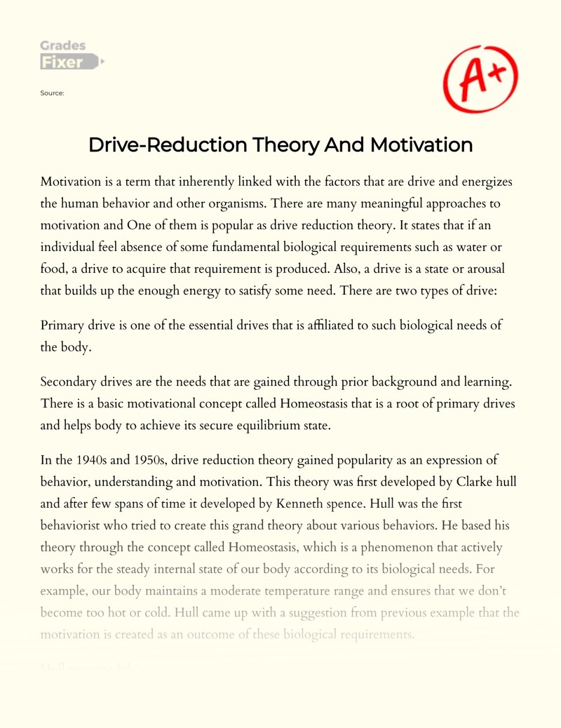 DriveReduction Theory And Motivation [Essay Example], 497 words