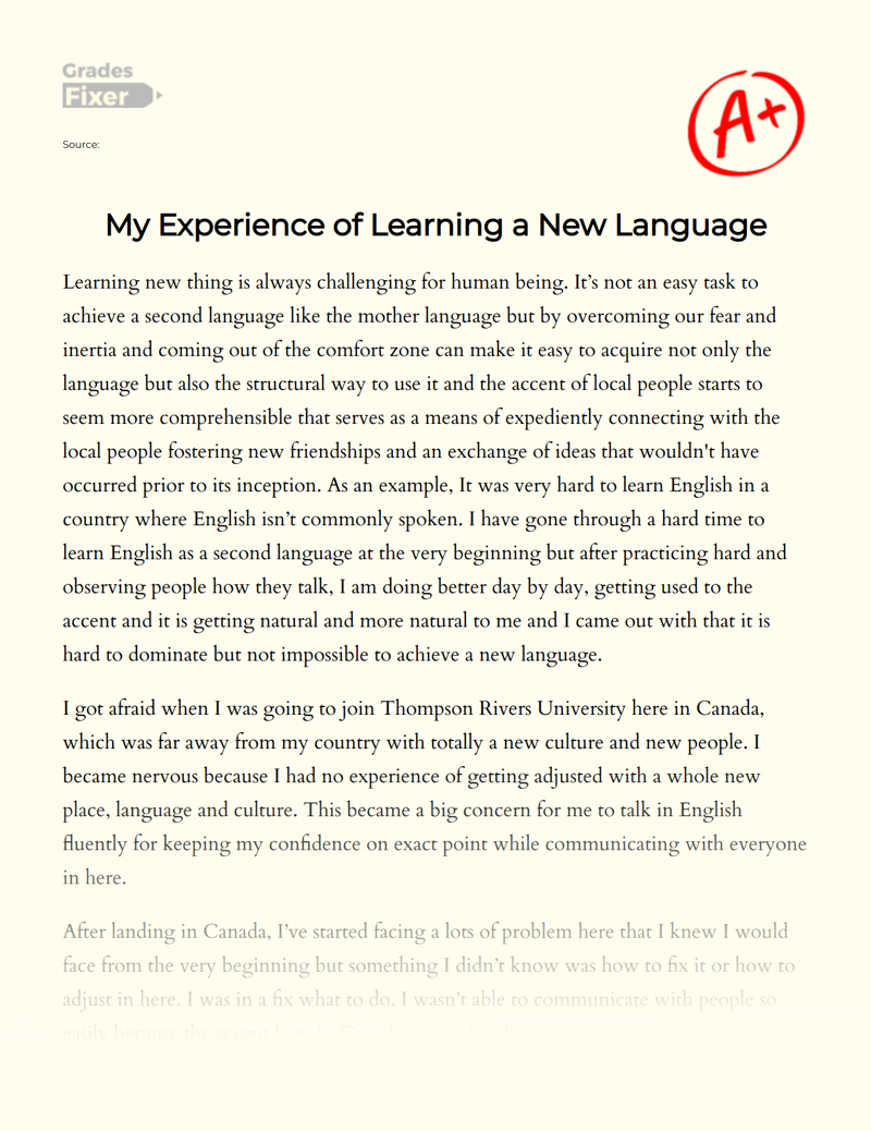 My Experience of Learning a New Language [Essay Example], 678 words