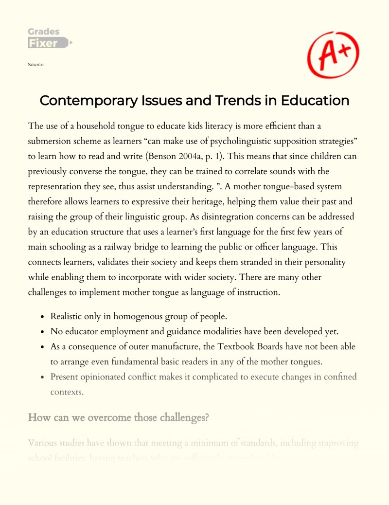 Contemporary Issues and Trends in Education: [Essay Example], 1031 words