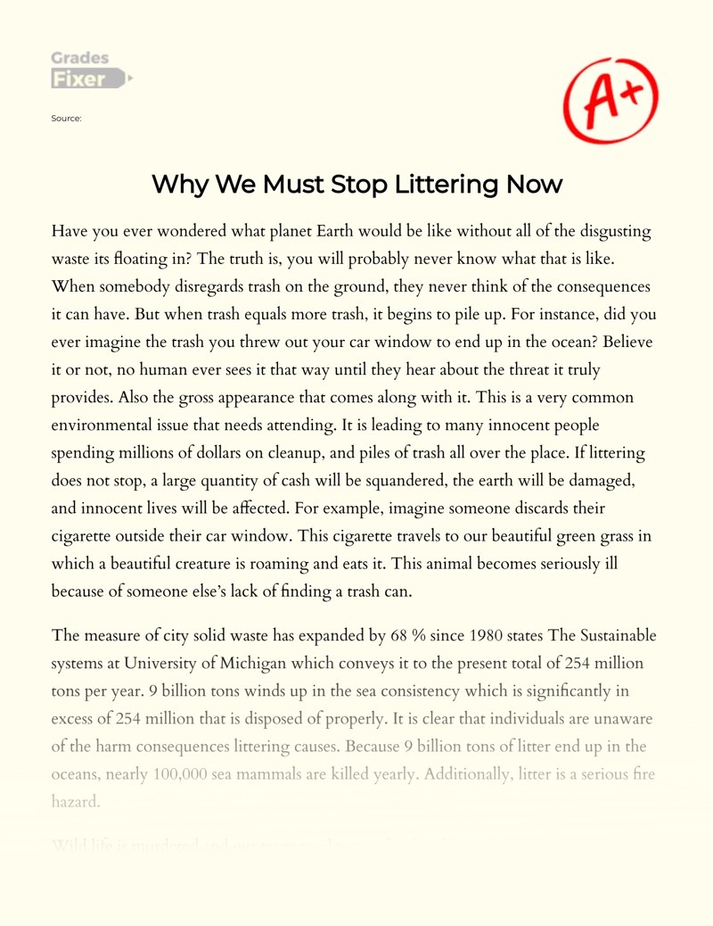 Why People Must Stop Littering [Essay Example], 914 words GradesFixer
