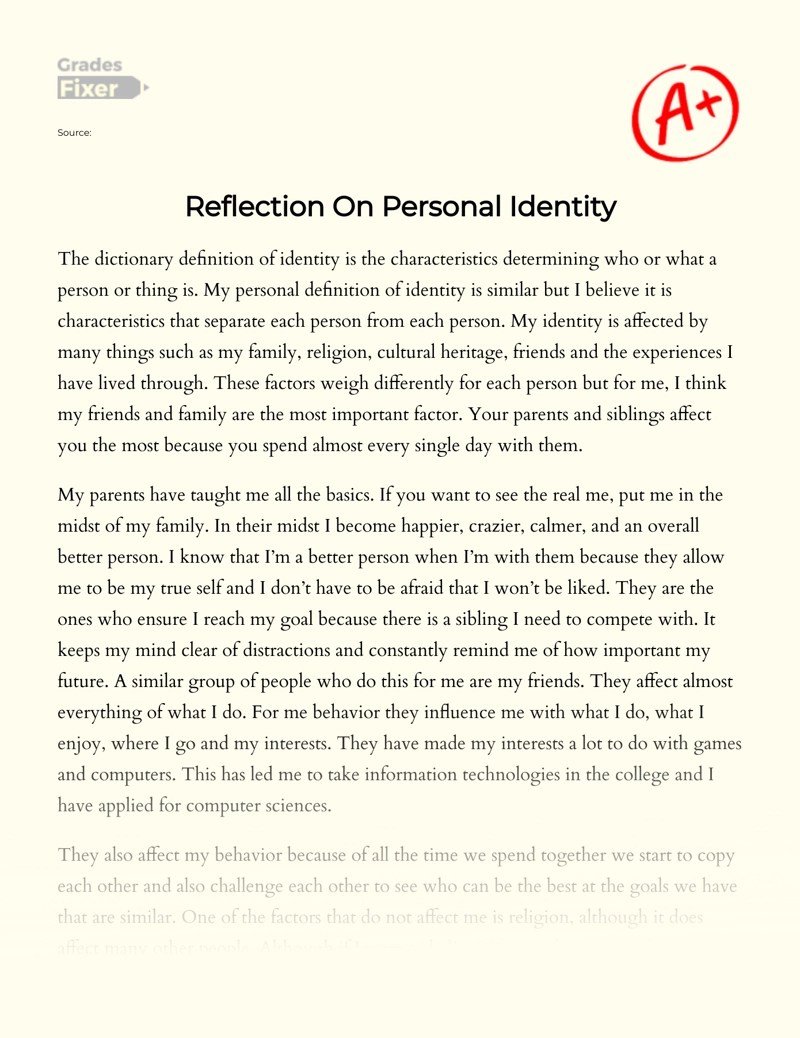 Reflection On Personal Identity [Essay Example], 536 words GradesFixer