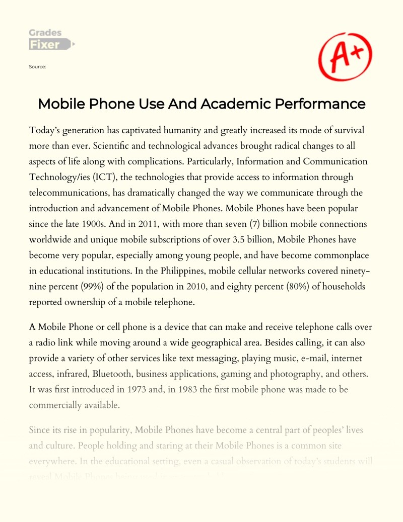 Mobile Phone Use And Academic Performance Essay Example 1828 Words Gradesfixer