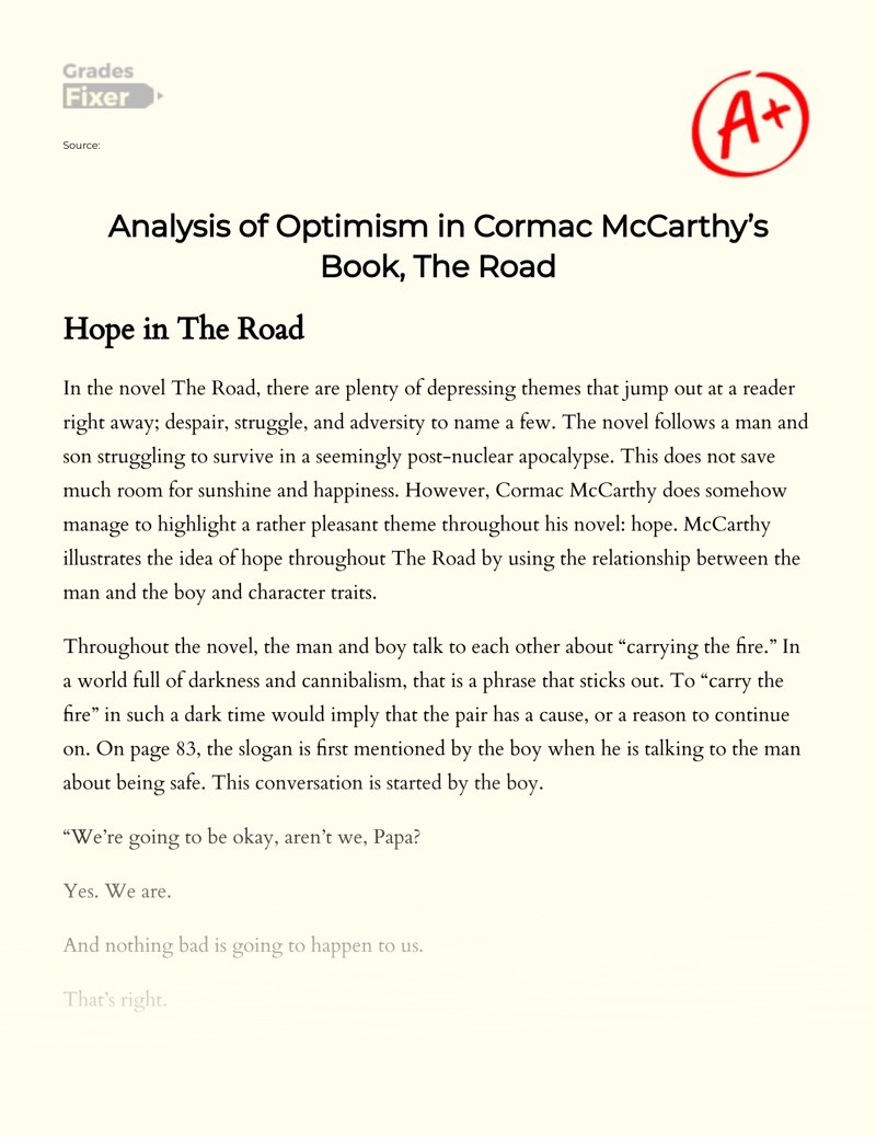 Analysis of Optimism in Cormac Mccarthy’s "The Road" [Essay Example], 1305 words GradesFixer