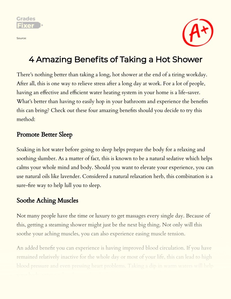 4 Amazing Benefits of Taking a Hot Shower [Essay Example], 485 words
