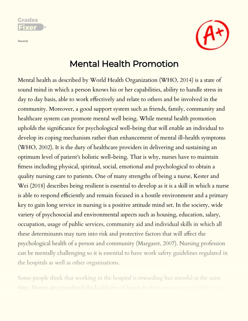 Mental Health Promotion [Essay Example], 1628 words GradesFixer