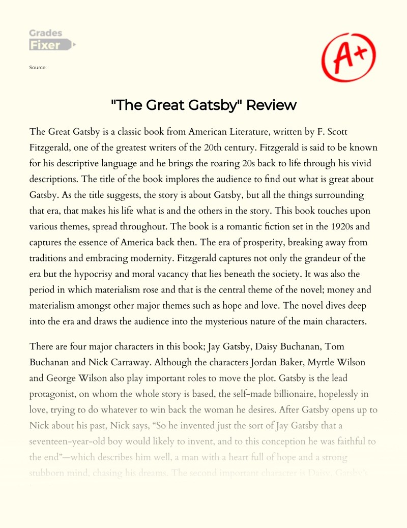 The Great Gatsby Book Review and Summary [Essay Example], 1956 words