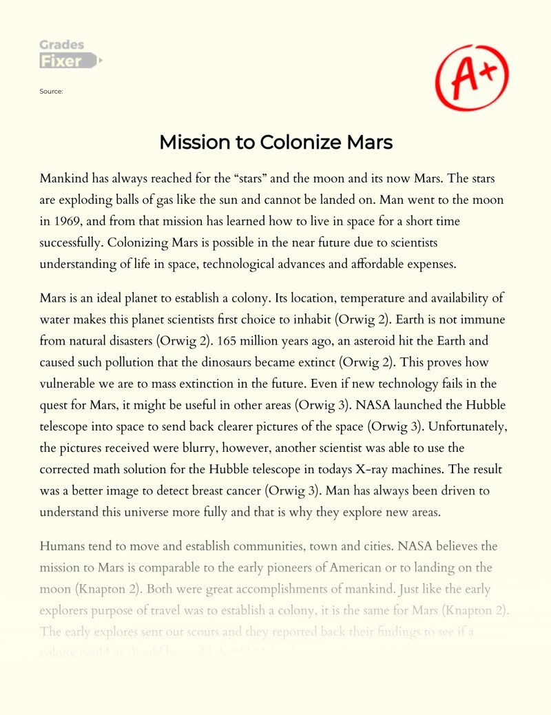 Analysis of the Mission to Colonize Mars [Essay Example], 1107 words