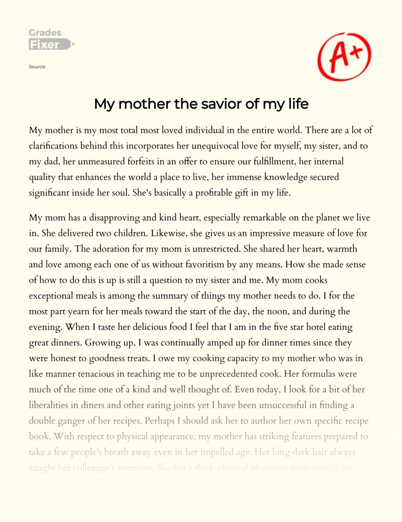 My mother the savior of my life [Essay Example], 536 words GradesFixer