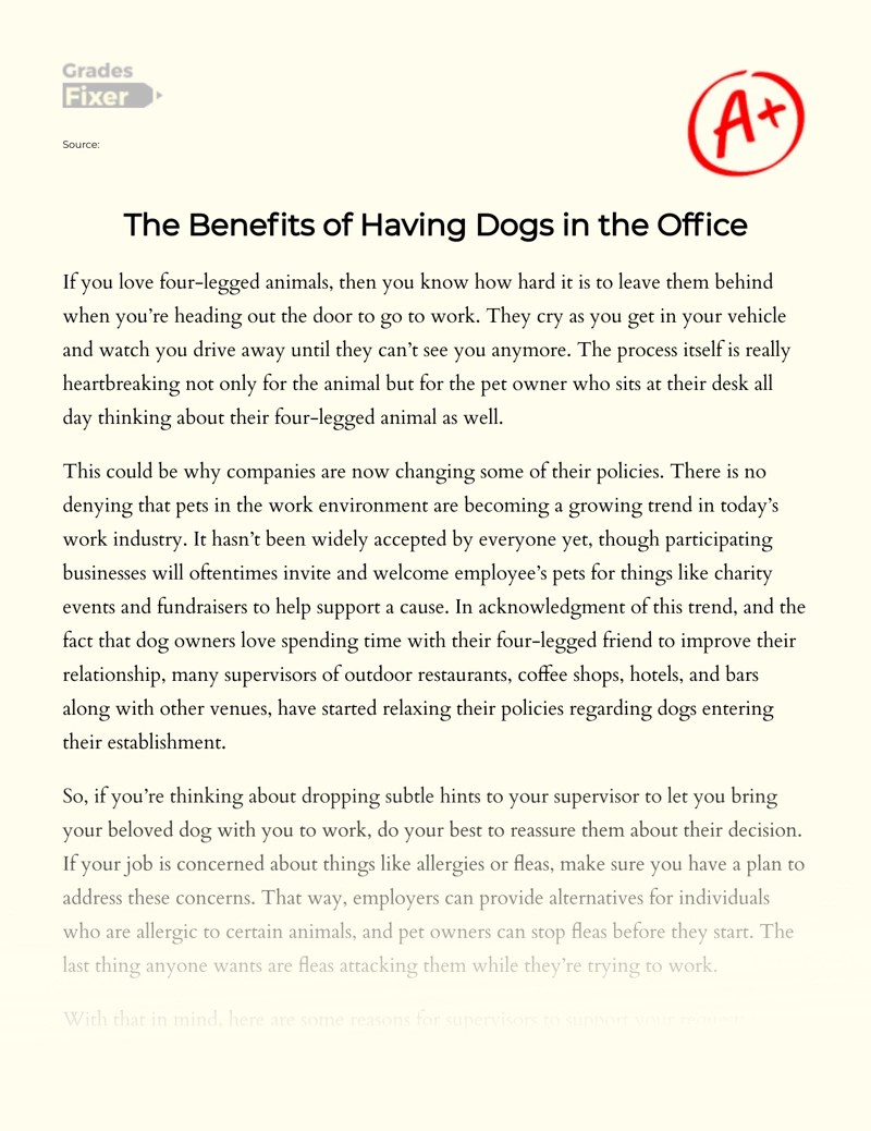 The Benefits of Having Dogs in the Office [Essay Example], 850 words GradesFixer