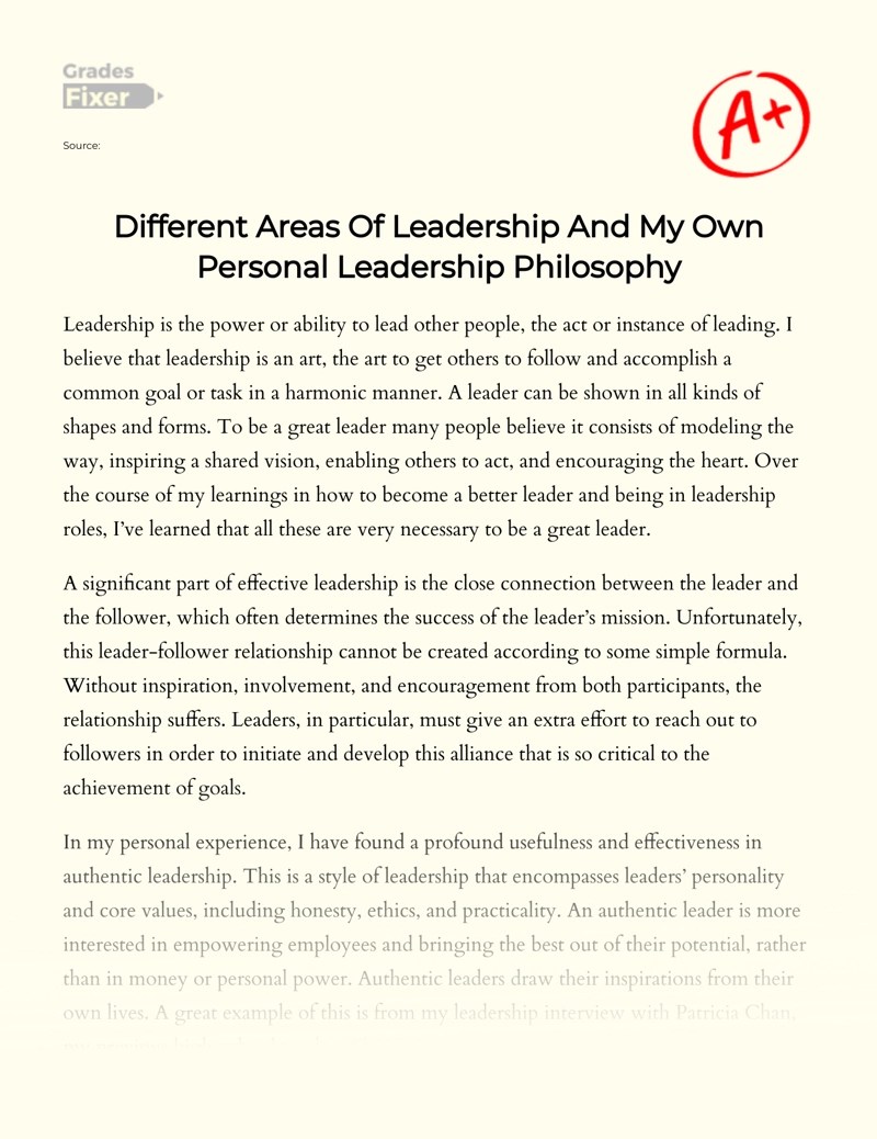 Different Areas Of Leadership And My Own Personal Leadership Philosophy