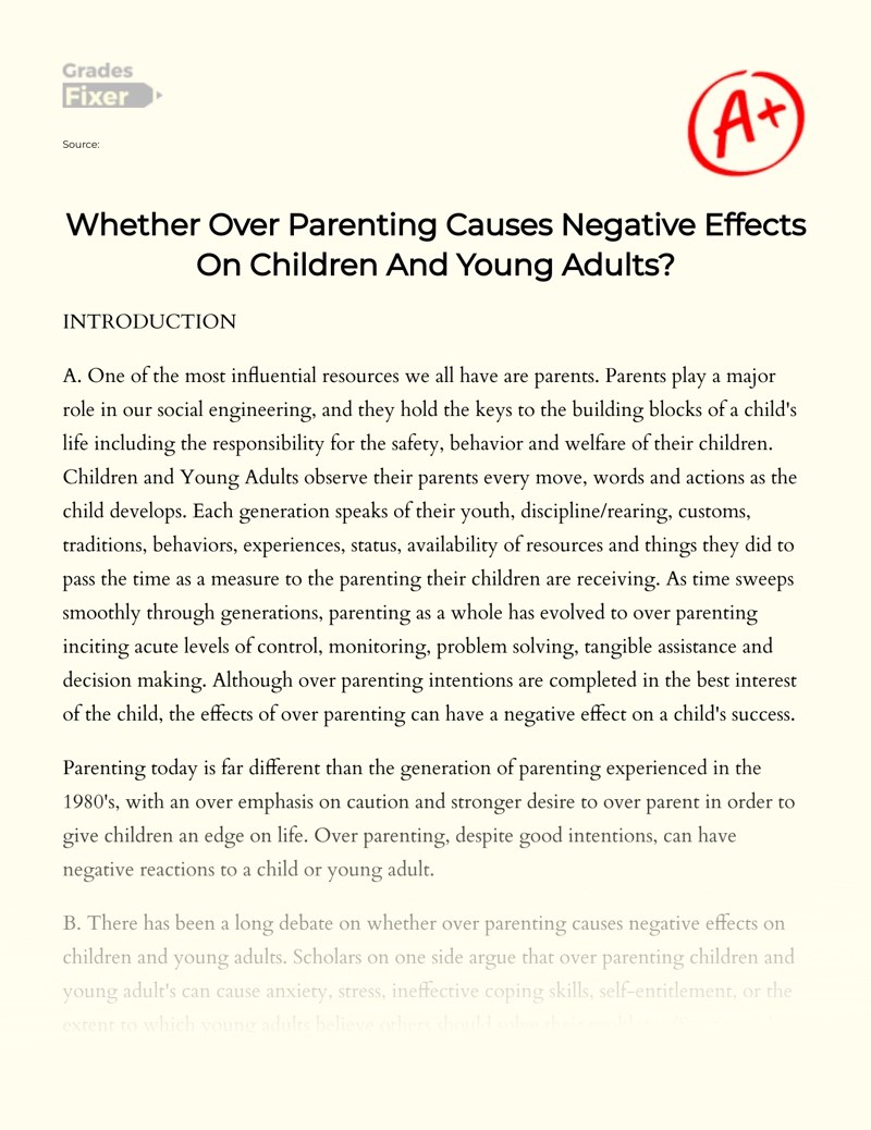 Negative Effects Of Over Parenting On Children And Young Adults [Essay