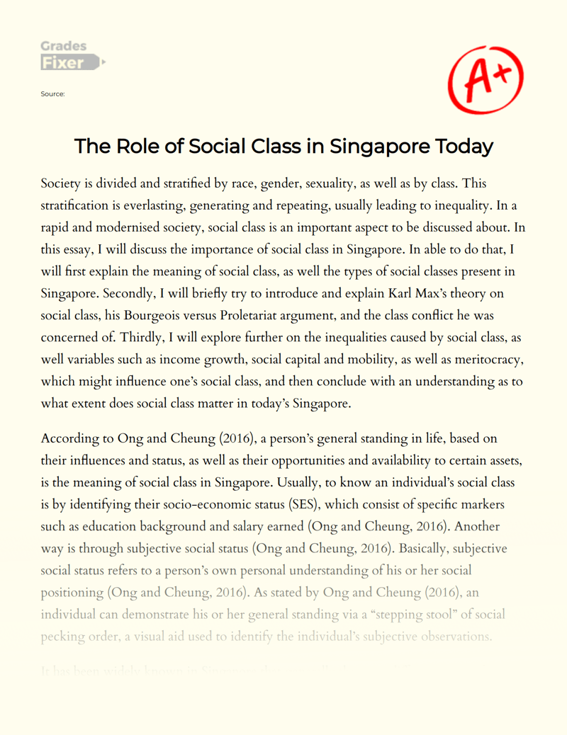 The Role of Social Class in Singapore Today [Essay Example], 2161