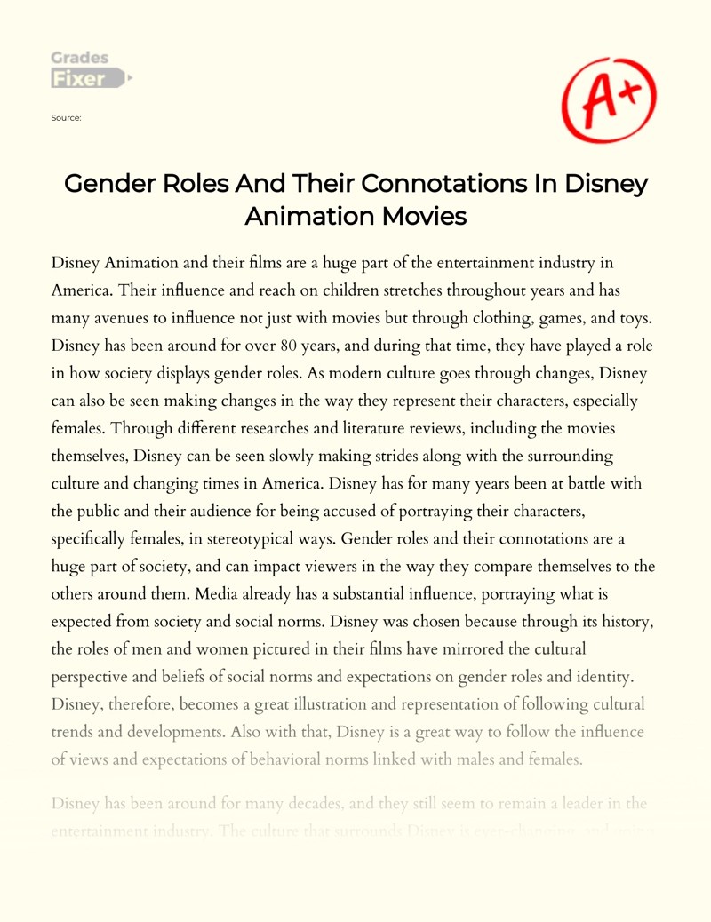 Gender Roles And Their Connotations In Disney Animation Movies [Essay