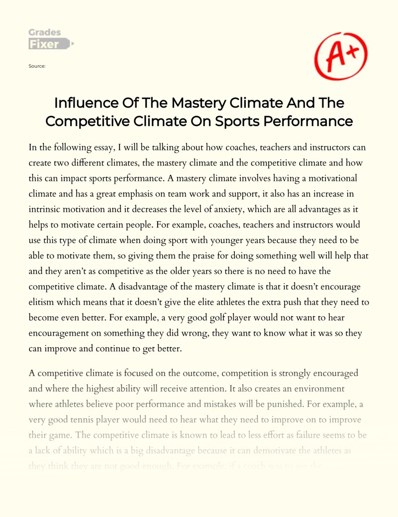 Influence Of The Mastery Climate And The Competitive Climate On Sports
