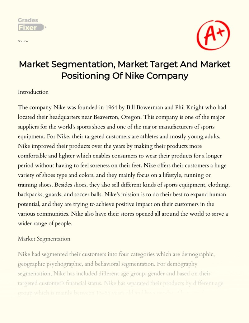 Nike Market Segmentation, Market Target and Market Positioning [Essay