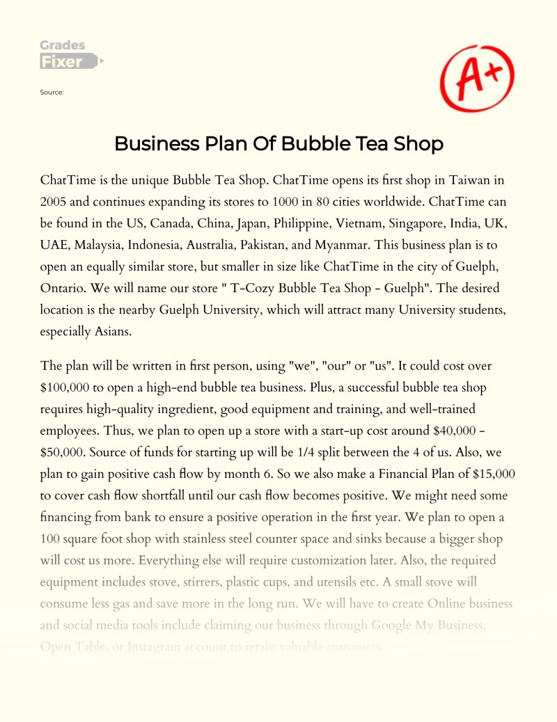 Business Plan Of Bubble Tea Shop [Essay Example], 547 words GradesFixer