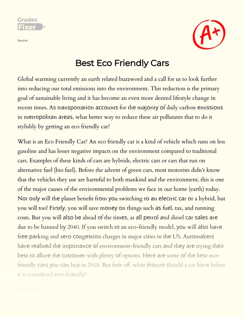 Best Eco Friendly Cars [Essay Example], 2225 words GradesFixer