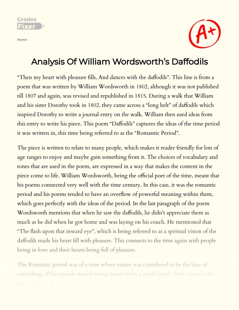 Analysis Of William Wordsworth’s Daffodils [Essay Example], 1041 words