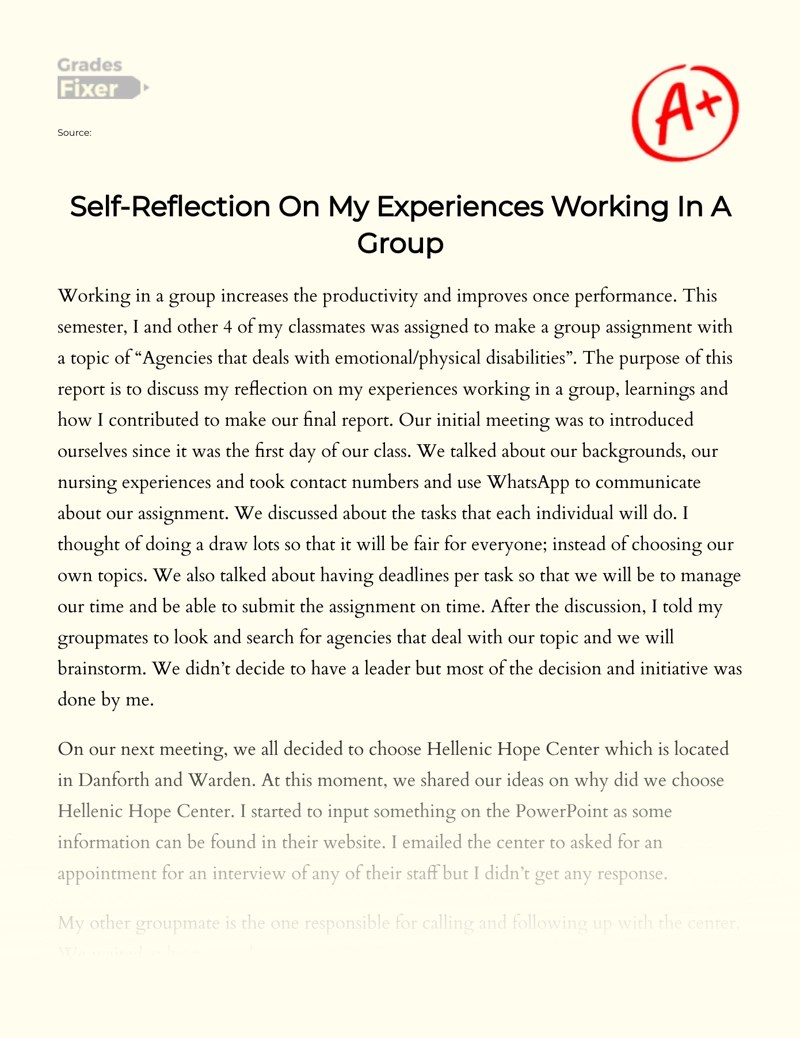 SelfReflection On My Experiences Working In A Group [Essay Example