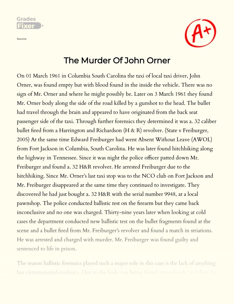 Analysis of the Murder of John Orner [Essay Example], 1442 words