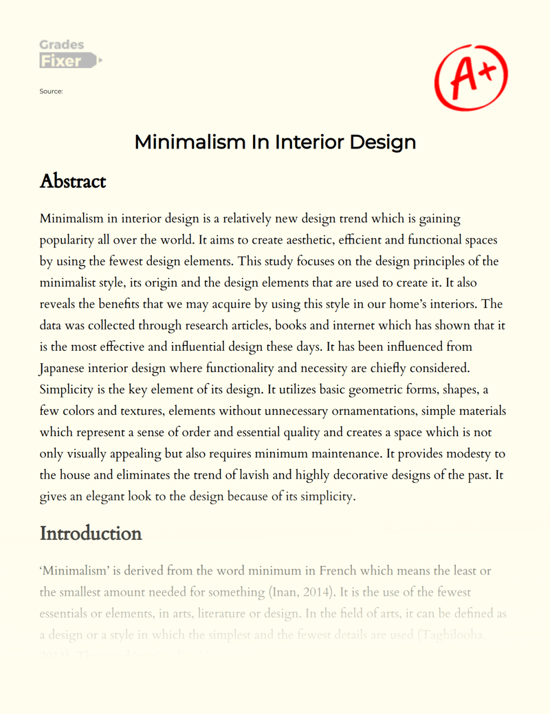 Minimalism In Interior Design [Essay Example], 1020 words GradesFixer