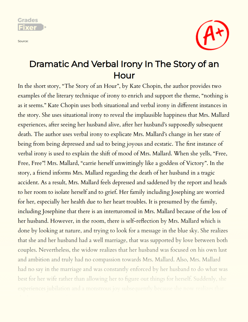 Dramatic And Verbal Irony In The Story of an Hour [Essay Example], 726