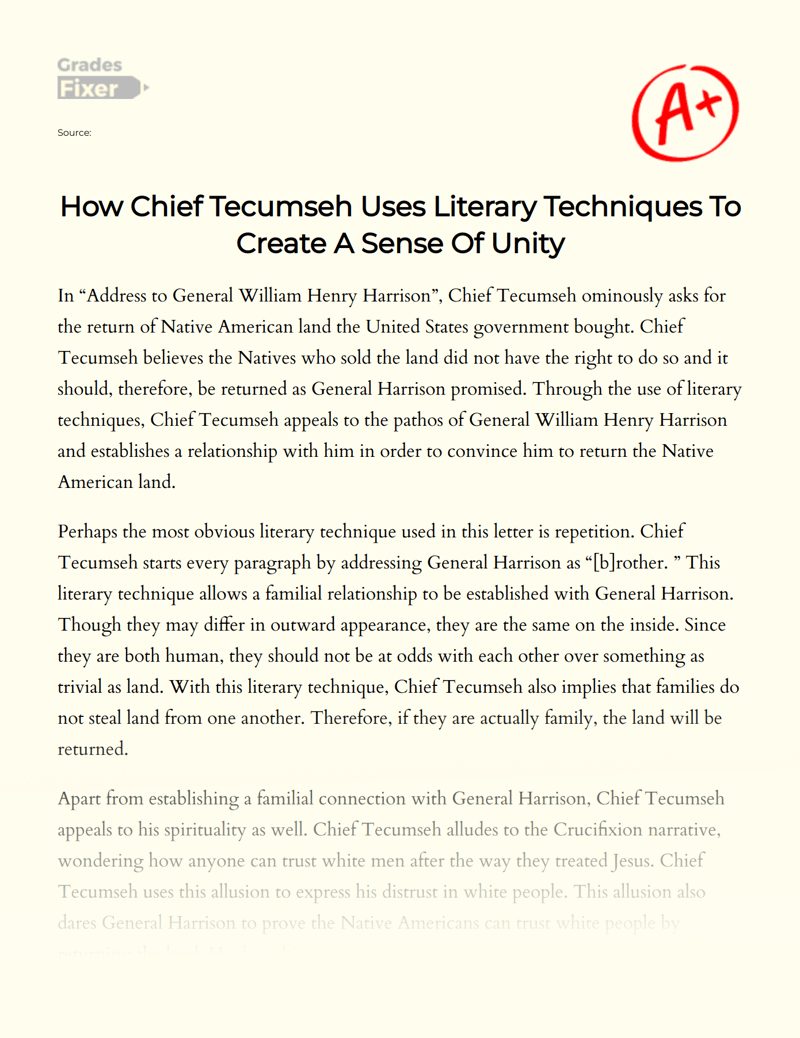 How Chief Tecumseh Uses Literary Techniques To Create A Sense Of Unity