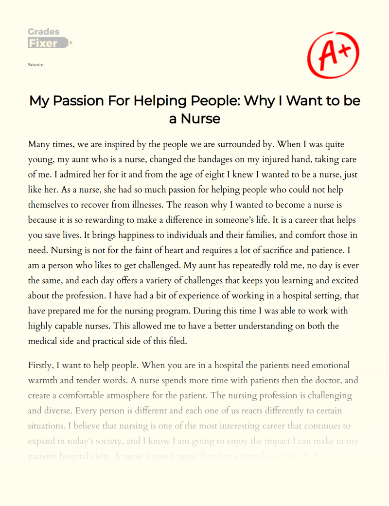 1000 Words on Why I Want to be a Nurse Passion For Helping People